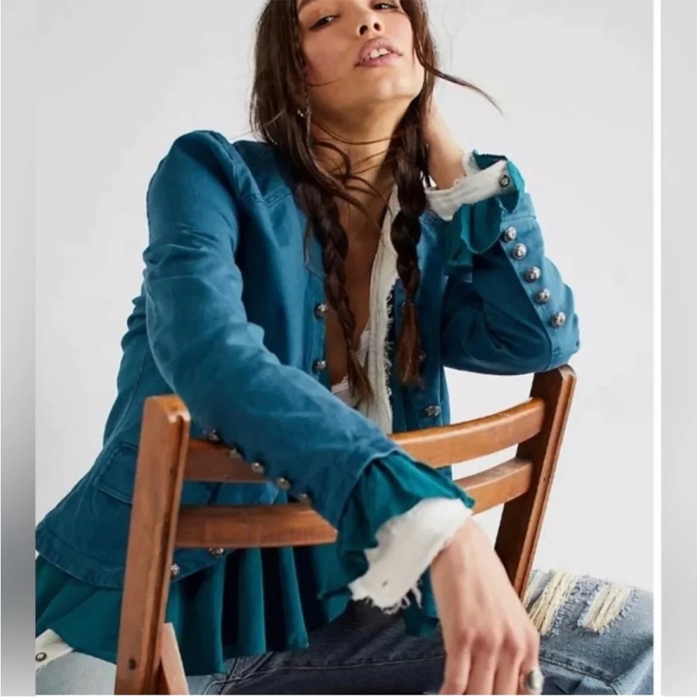 Free People Ruffles Romance Jacket in Teal Jewel - Picture 5 of 9